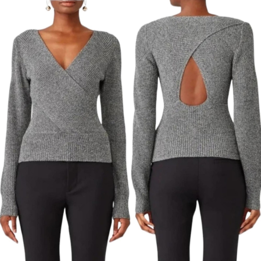 Tome NYC Crossover Gray Knit Sweater S Open Back Ribbed Merino Wool Cotton